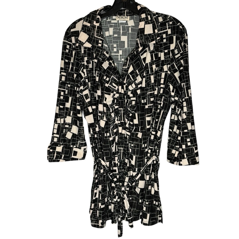 MKM Designs Tunic Top With Belt 3/4 Sleeves Retro Geometric Women’s Size 2X